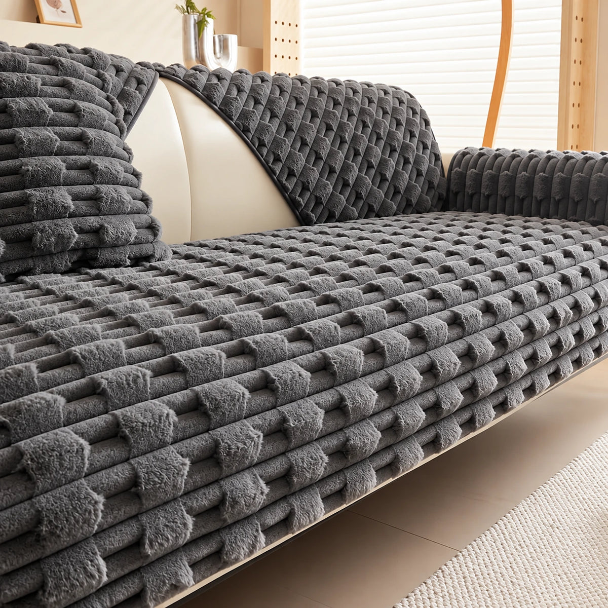 Charcoal textured plush sofa cover