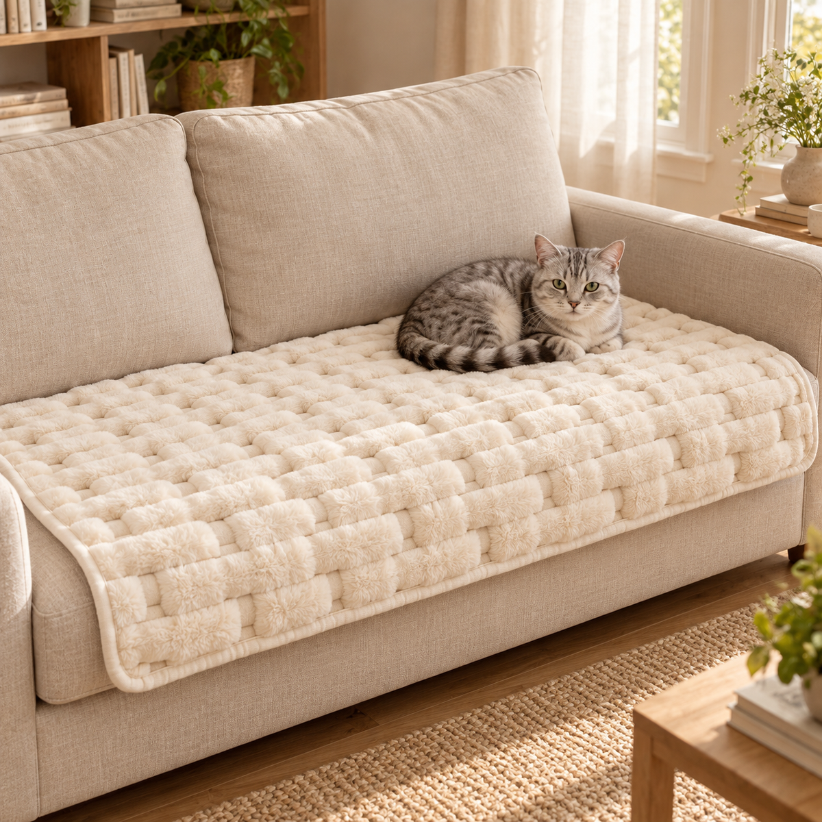 A silver tabby cat resting on the cream textured plush sofa cover