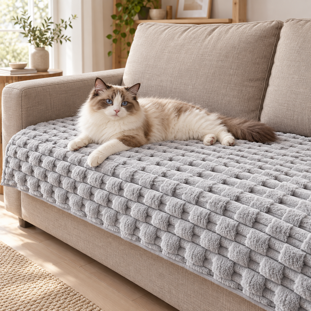 A ragdoll cat relaxing on the light gray textured plush sofa cover
