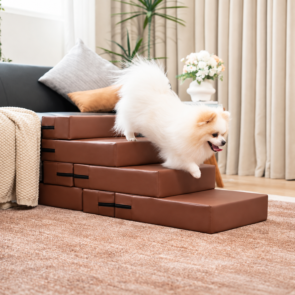 Modular Faux Leather Pet Stairs – Brown-4-Step