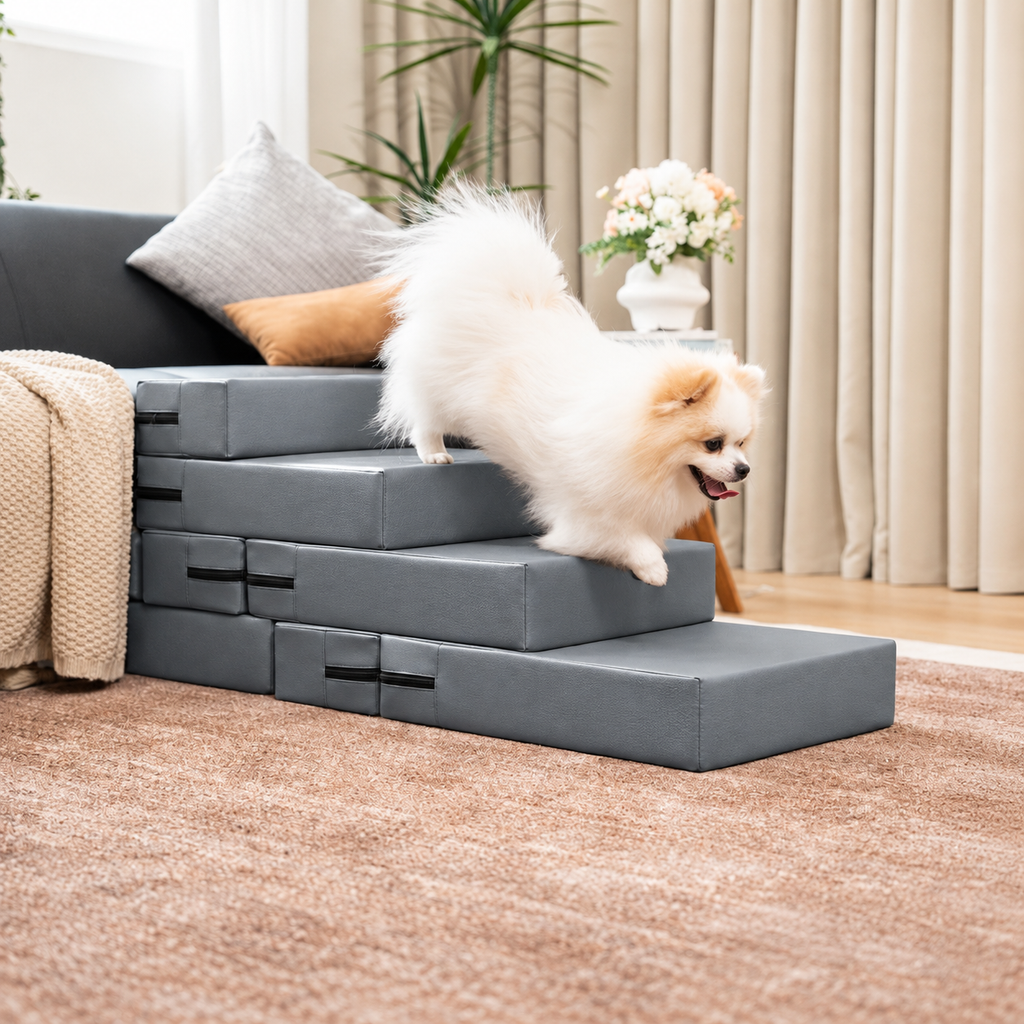 Modular Faux Leather Pet Stairs – Gray-4-Step