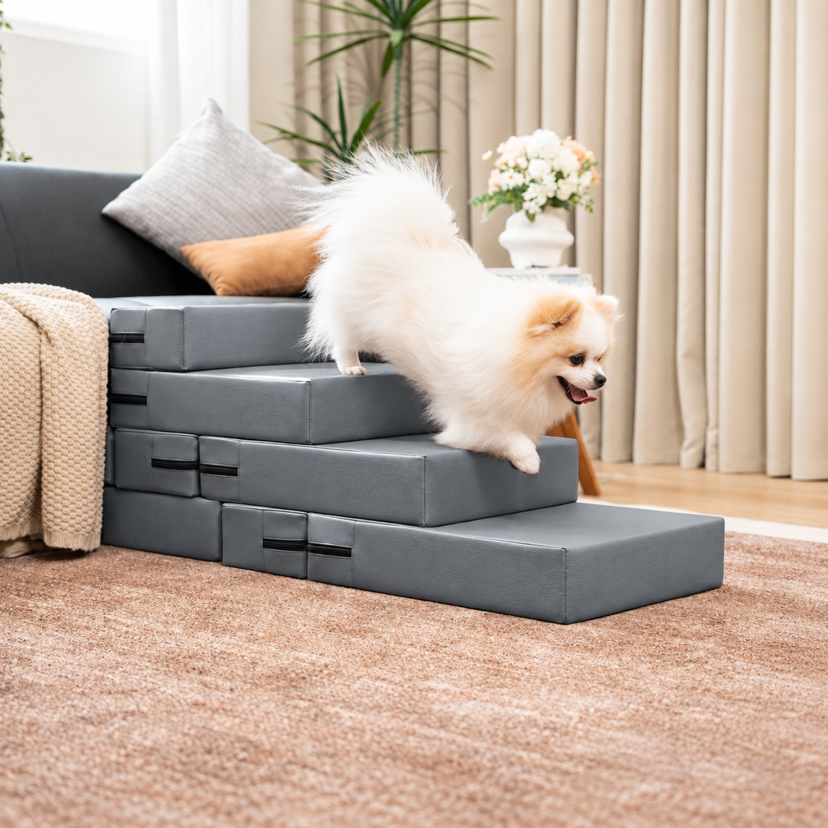 Modular Faux Leather Pet Stairs – Gray-4-Step