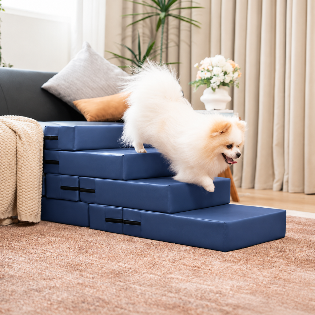Modular Faux Leather Pet Stairs – Navy Blue-4-Step