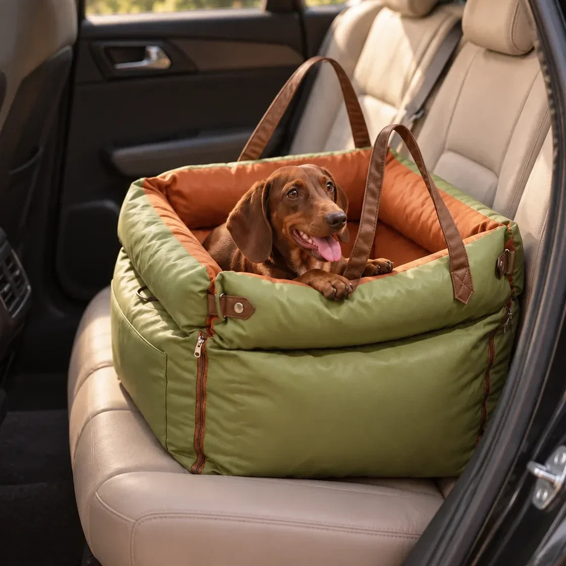 Dachshund sitting in an olive green and orange pet carrier on a car rear seat