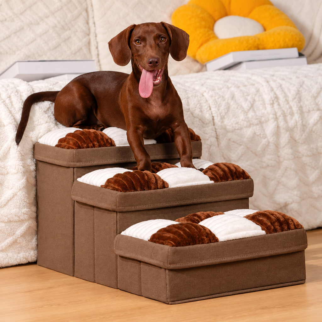 Checkerboard Storage Pet Stairs – Brown-3-Step