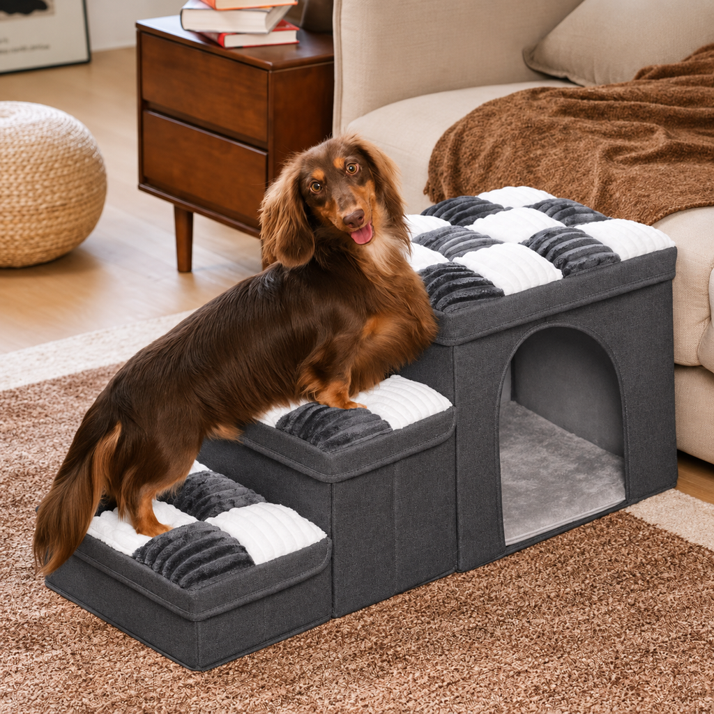 Checkerboard Storage Pet Stairs – Gray-With Pet Condo