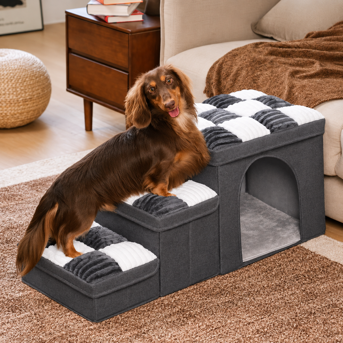 Checkerboard Storage Pet Stairs – Gray-With Pet Condo