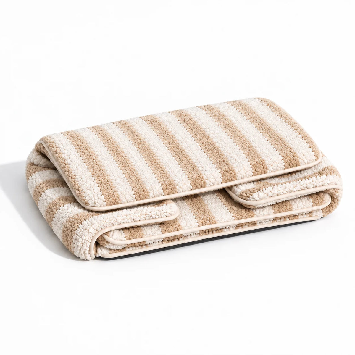 Alternate studio view of a beige and ivory striped faux lambswool pet sofa folded on a white background