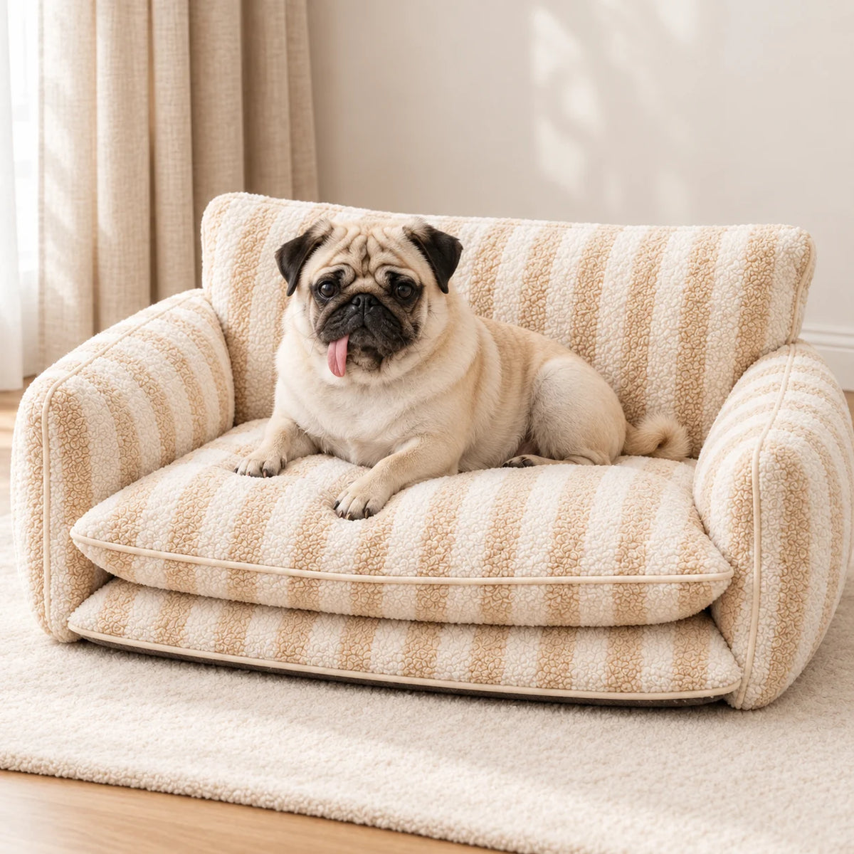 Beige and ivory striped faux lambswool double-layer pet sofa bed with a fawn pug beside warm linen curtains