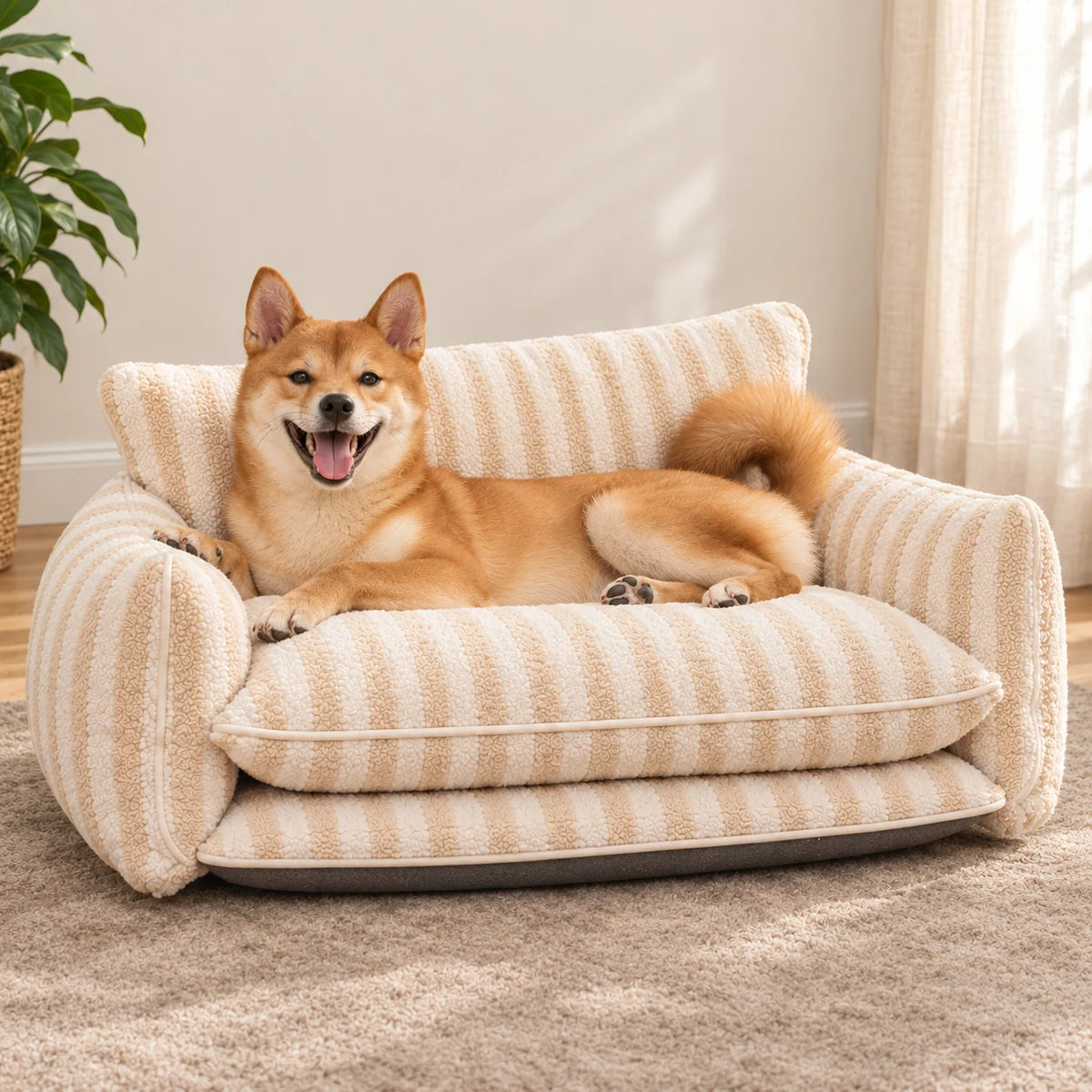 Beige and ivory striped faux lambswool double-layer pet sofa bed with a reclining Shiba Inu on a warm taupe rug