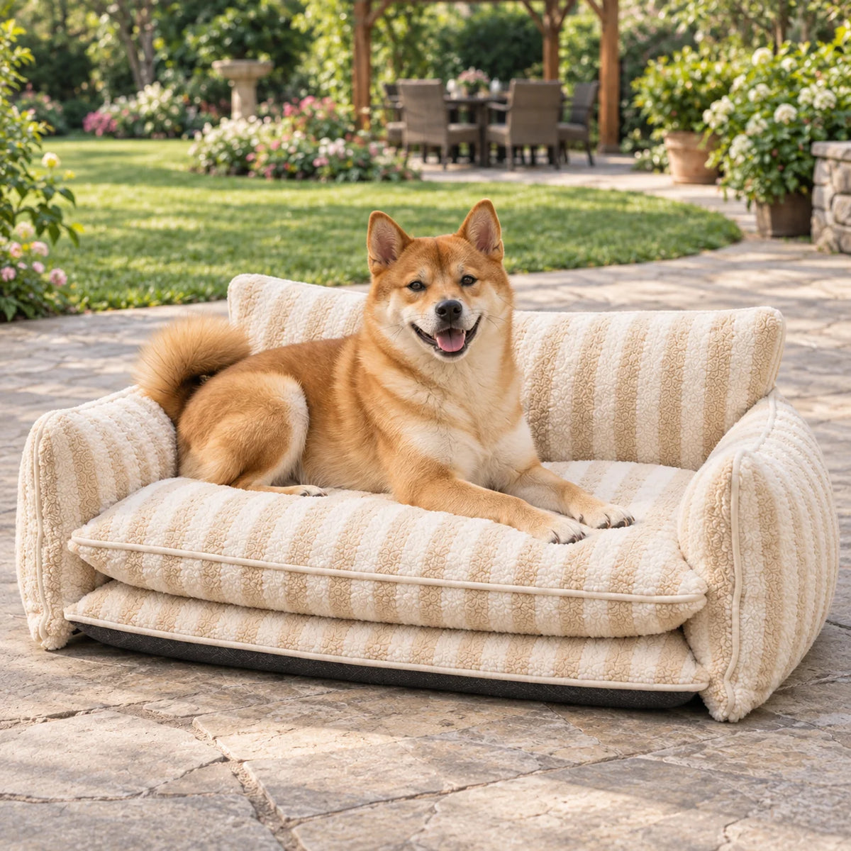 Beige and ivory striped faux lambswool double-layer pet sofa bed with a Shiba Inu on a garden patio