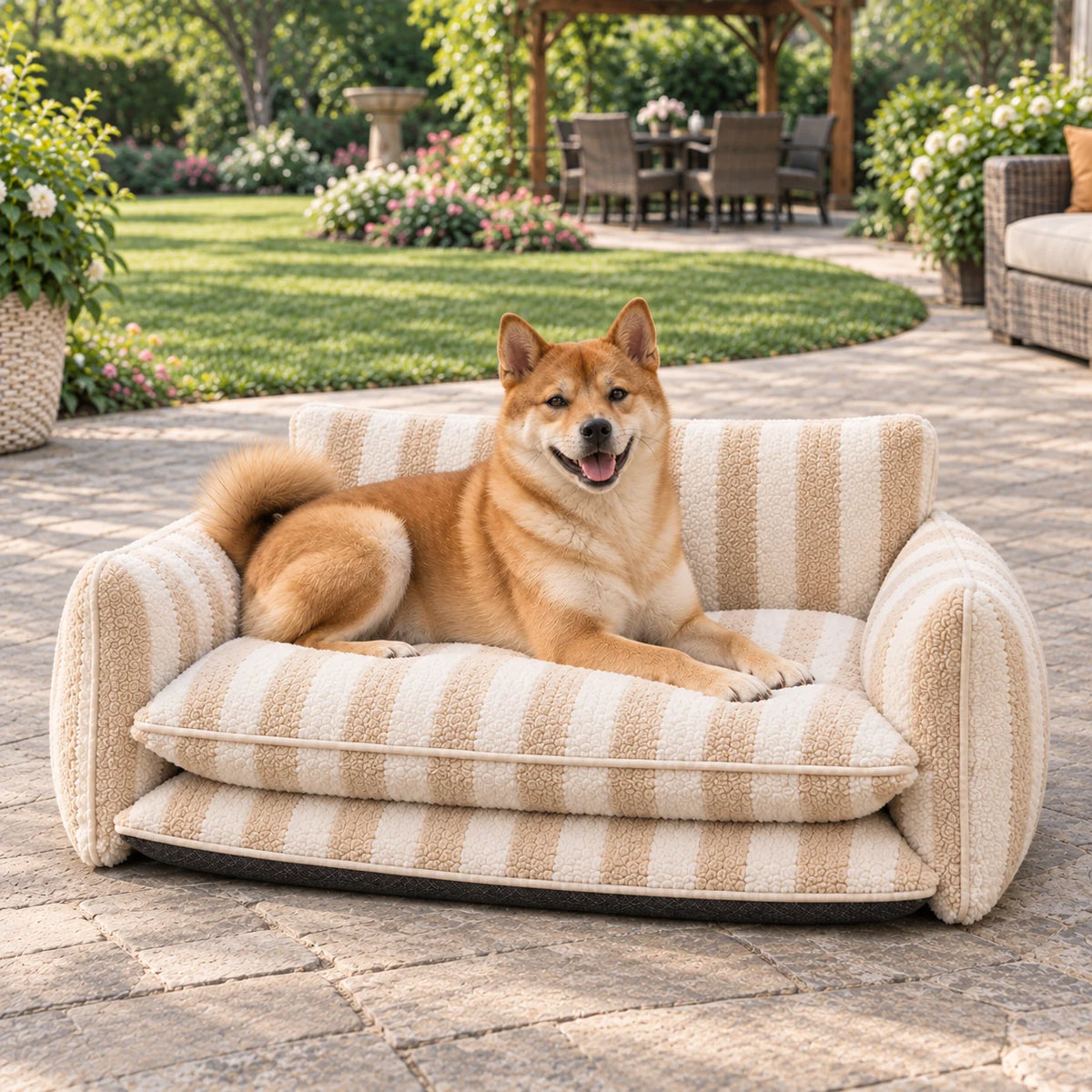 Front view of a beige and ivory striped faux lambswool double-layer pet sofa bed with a Shiba Inu on a garden patio