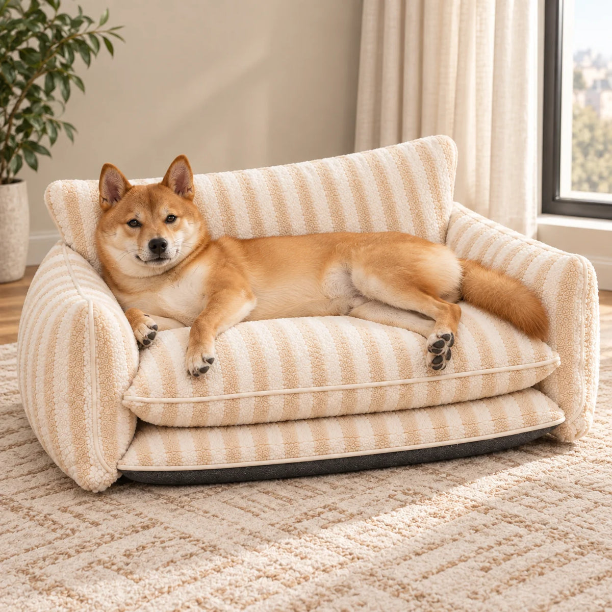 Beige and ivory striped faux lambswool double-layer pet sofa bed with a Shiba Inu resting on its side beside a window