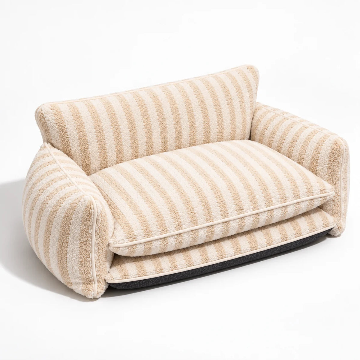 Beige and ivory striped faux lambswool double-layer pet sofa bed shown alone on a white studio background