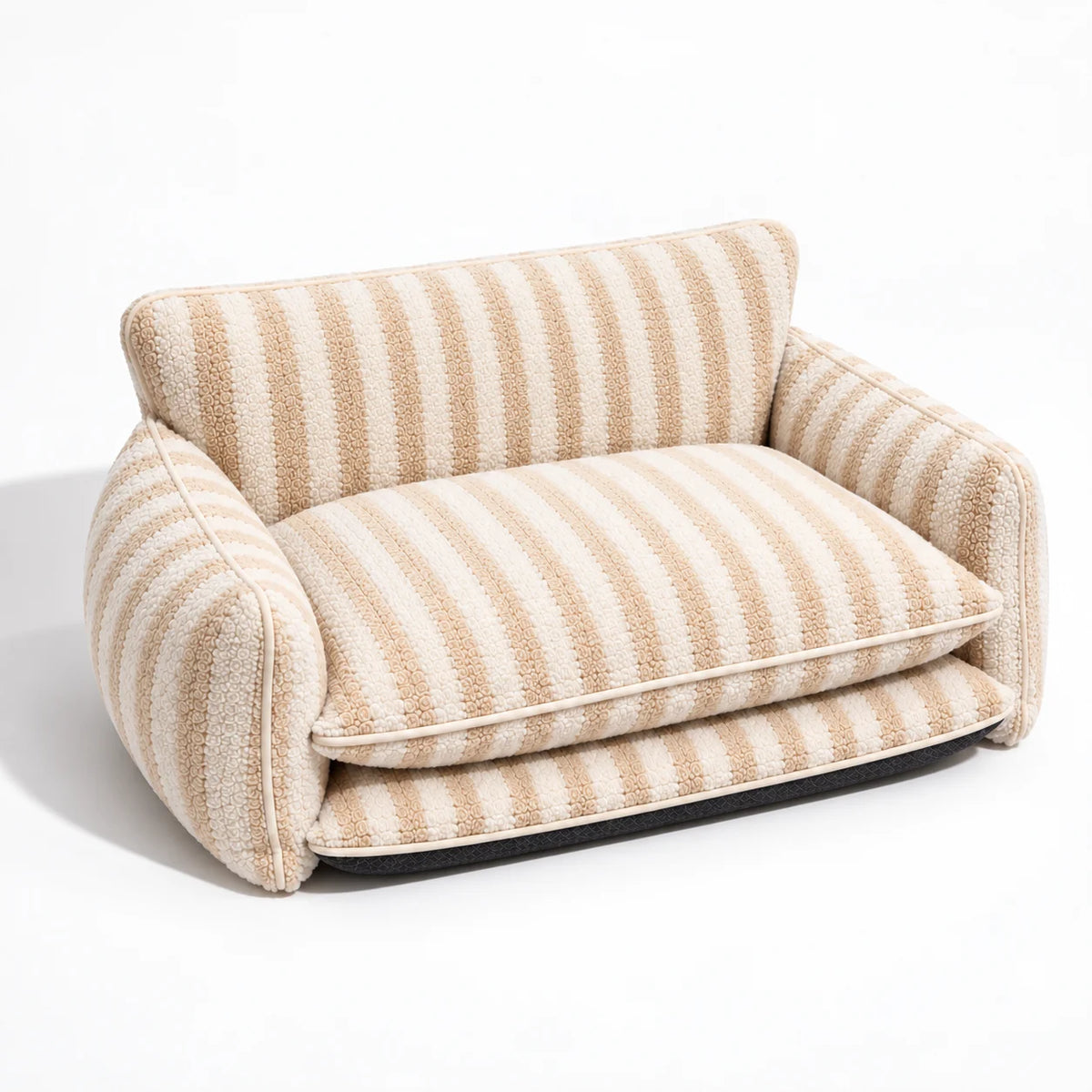Three-quarter studio view of a beige and ivory striped faux lambswool double-layer pet sofa bed on a white background