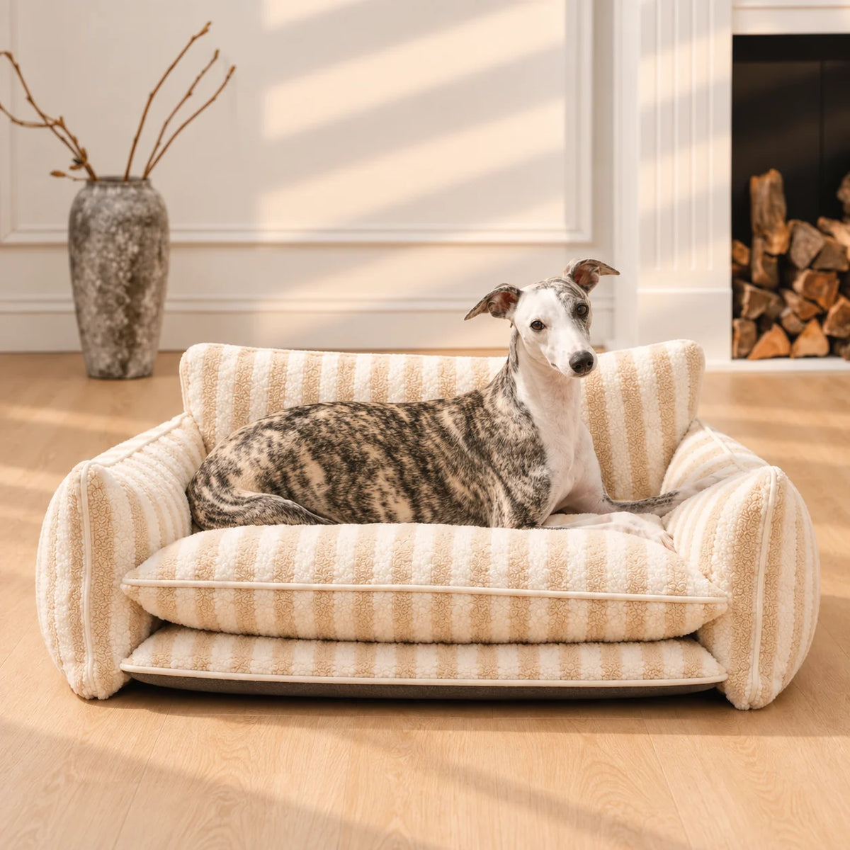 Brindle and white whippet reclining on a beige striped double-layer pet sofa in a warm neutral living room