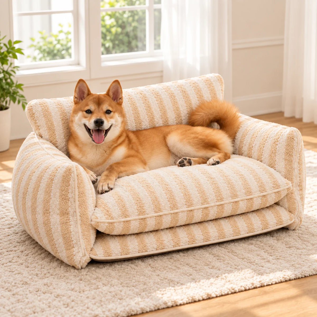 Beige striped double-layer pet sofa with a relaxed Shiba Inu beside a sunlit window