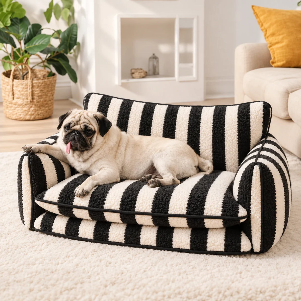 Black and ivory striped faux lambswool double-layer pet sofa bed with a fawn pug in a bright living room