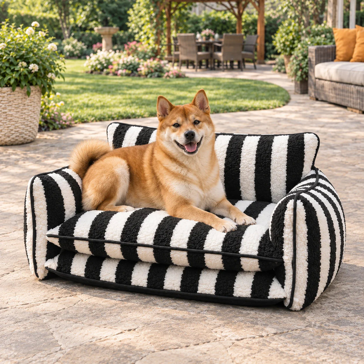 Black and ivory striped faux lambswool double-layer pet sofa bed with a Shiba Inu on a sunny garden patio