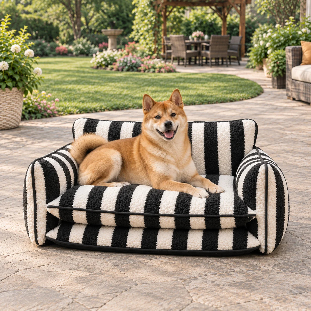 Front view of a black and ivory striped faux lambswool double-layer pet sofa bed with a Shiba Inu on a garden patio