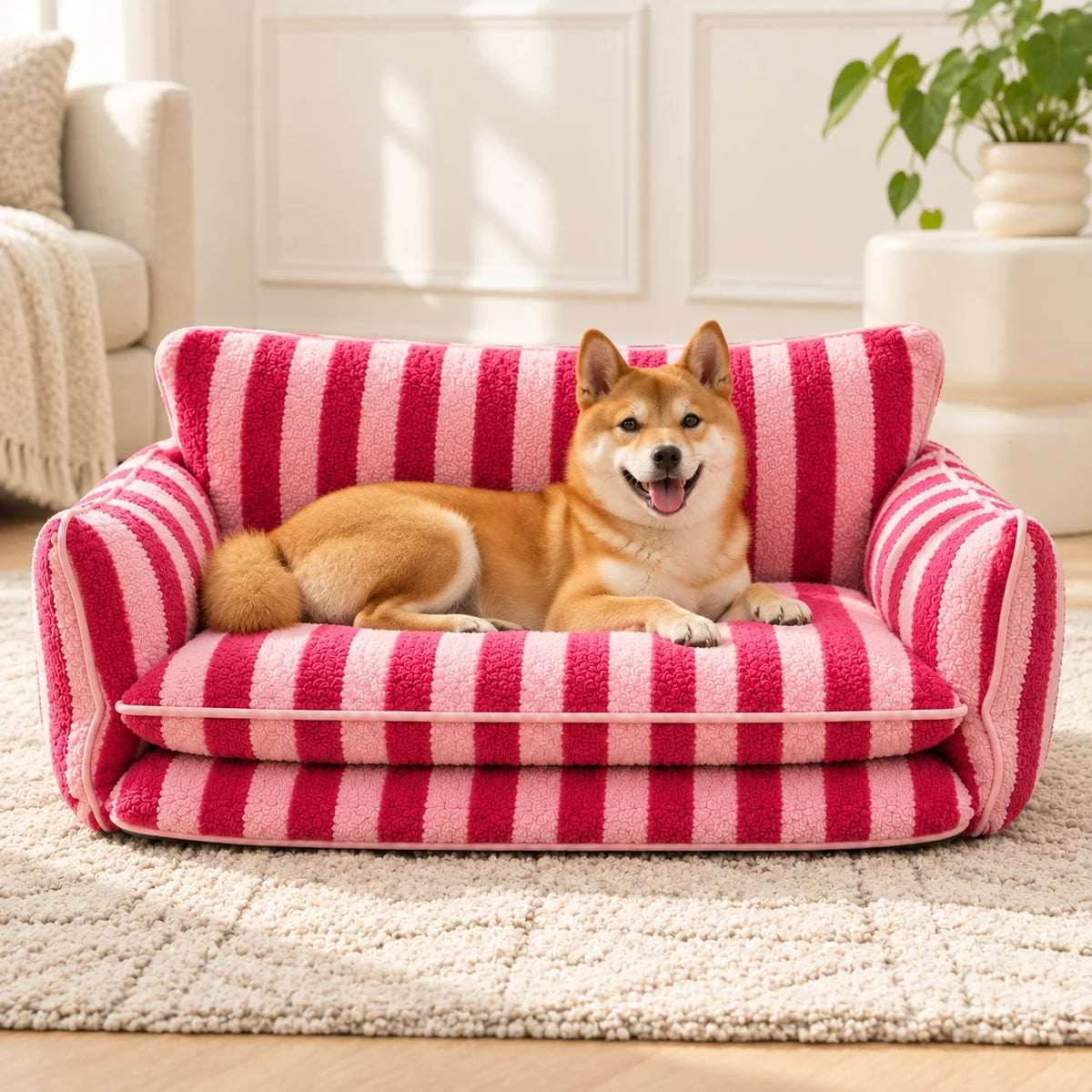Front view of a rose striped double-layer pet sofa with a resting Shiba Inu in a warm ivory living room