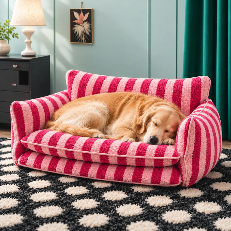 Golden retriever resting on a rose striped double-layer pet sofa in a mint green living room