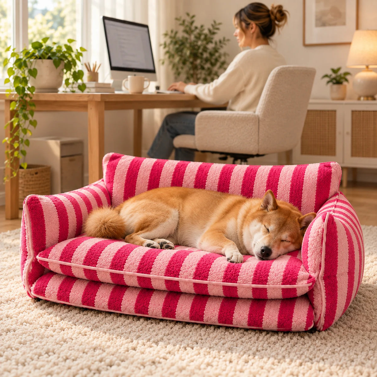 Shiba Inu sleeping on a rose striped double-layer pet sofa beside a home office workspace