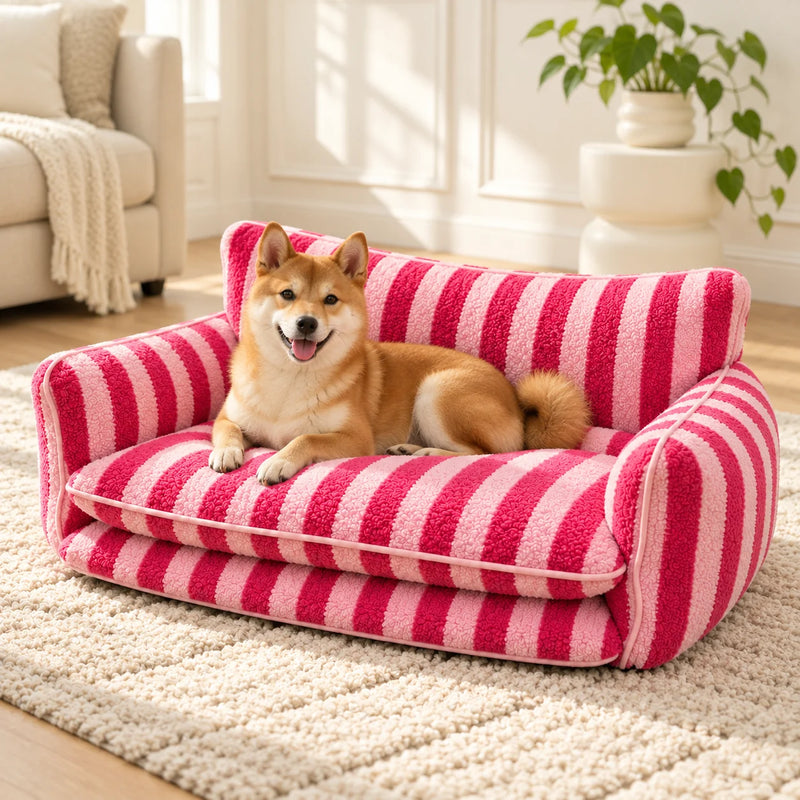 Rose striped faux lambswool double-layer pet sofa bed with a Shiba Inu in a bright living room