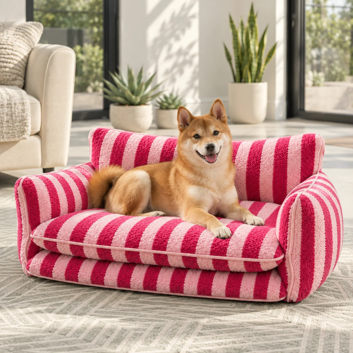 Rose and blush pink striped faux lambswool double-layer pet sofa bed with a Shiba Inu in a sunny living room