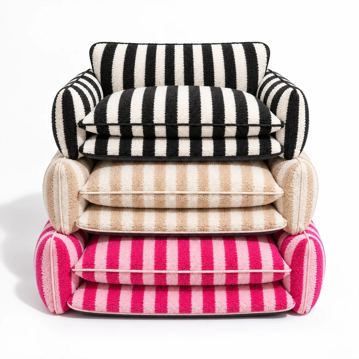 Rose, beige and black striped faux lambswool double-layer pet sofa beds stacked in a three-color studio display