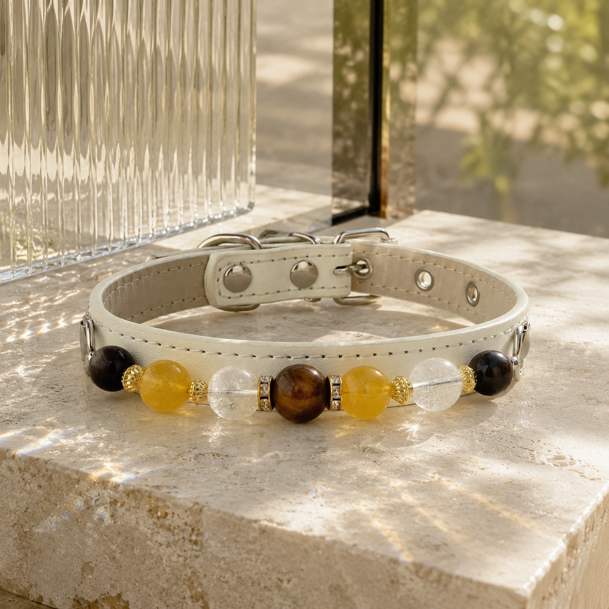 Sunlit Halo Jewelry Pet Jewelry Collar arranged in a luminous white and gold editorial still life.