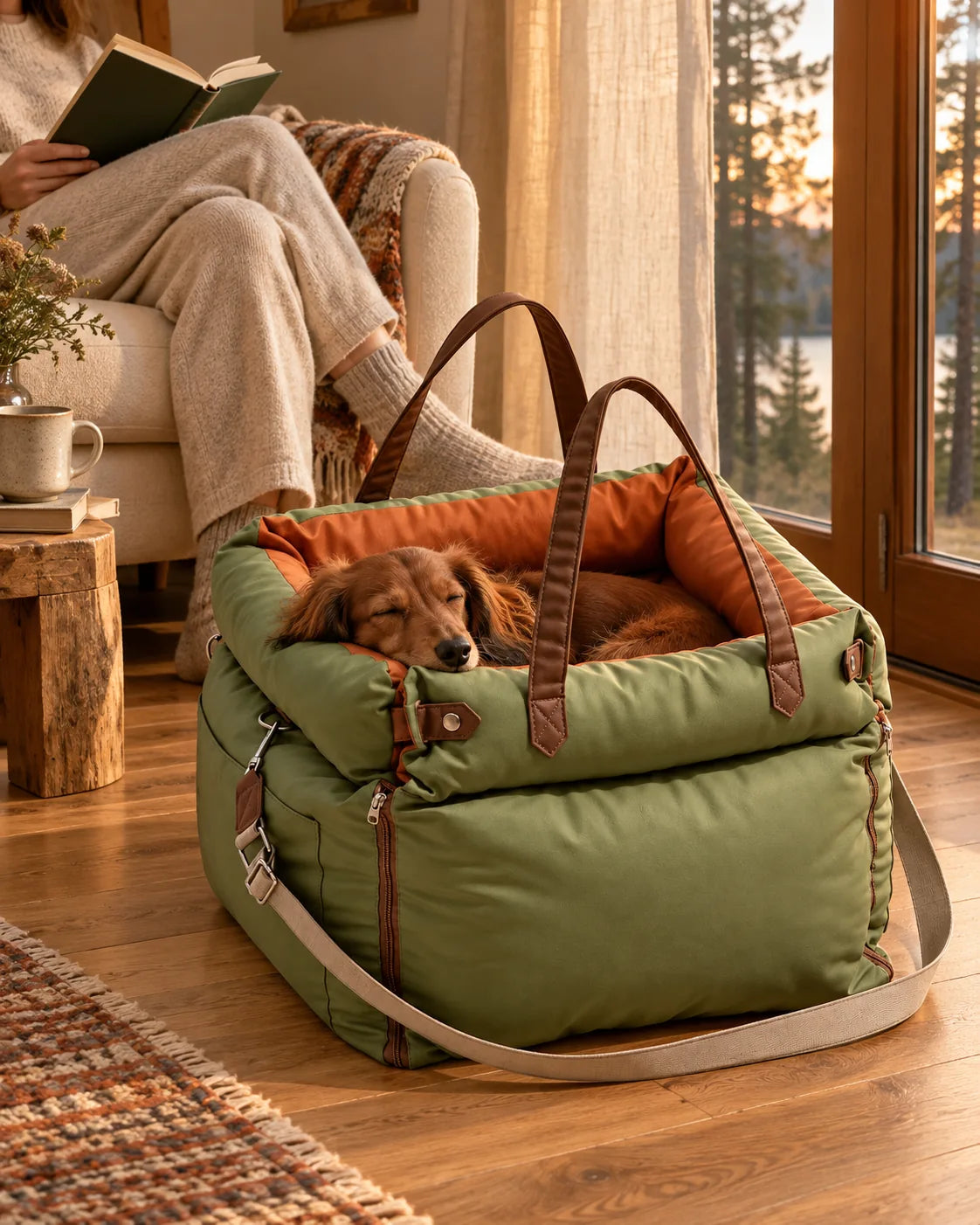 Dachshund resting in a RoadNest Classic travel bed beside a sunny cabin window