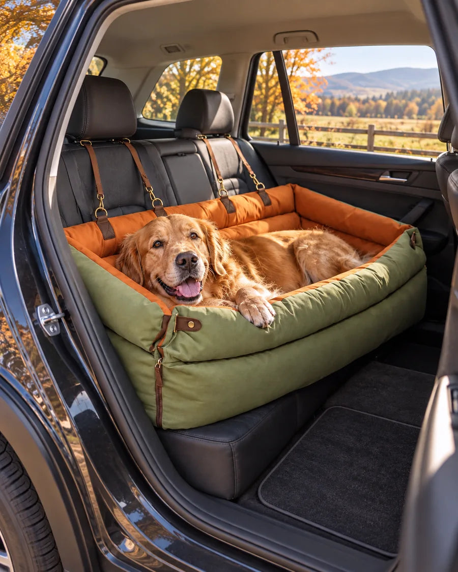 Golden retriever relaxing in a RoadNest rear-seat travel bed in a parked car