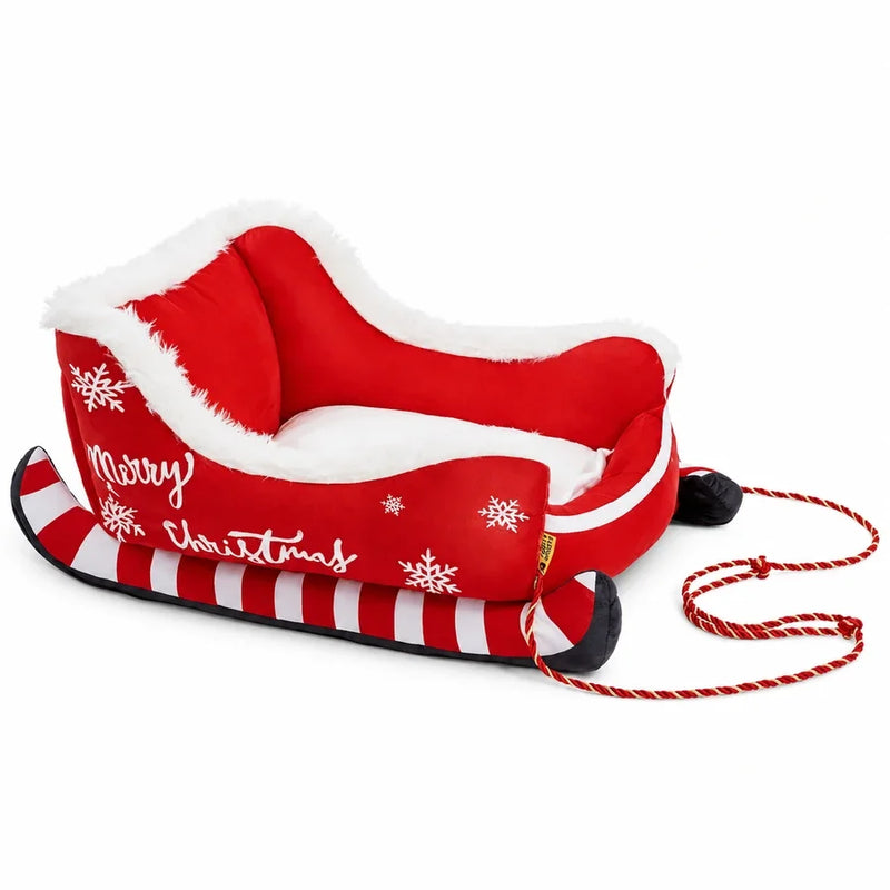 Red Holiday Sleigh Pet Bed on white