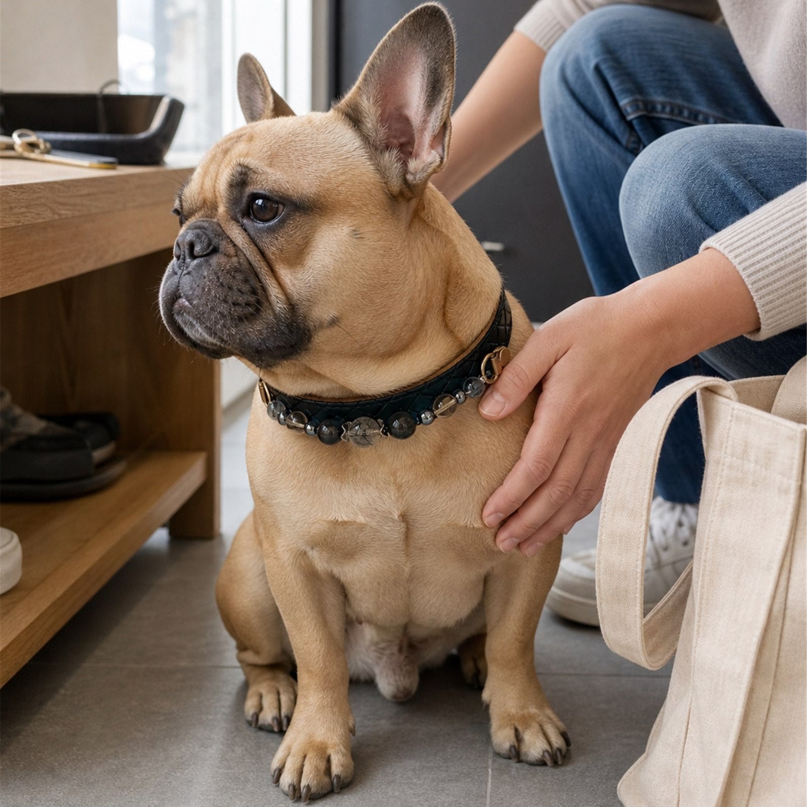 Styled lifestyle visualization of a pet wearing Core Collar N005; product construction is shown in real detail photos.