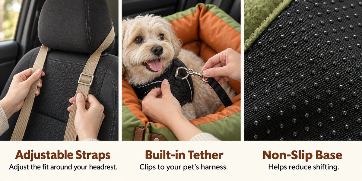 RoadNest adjustable headrest straps, built-in harness tether and textured non-slip base.