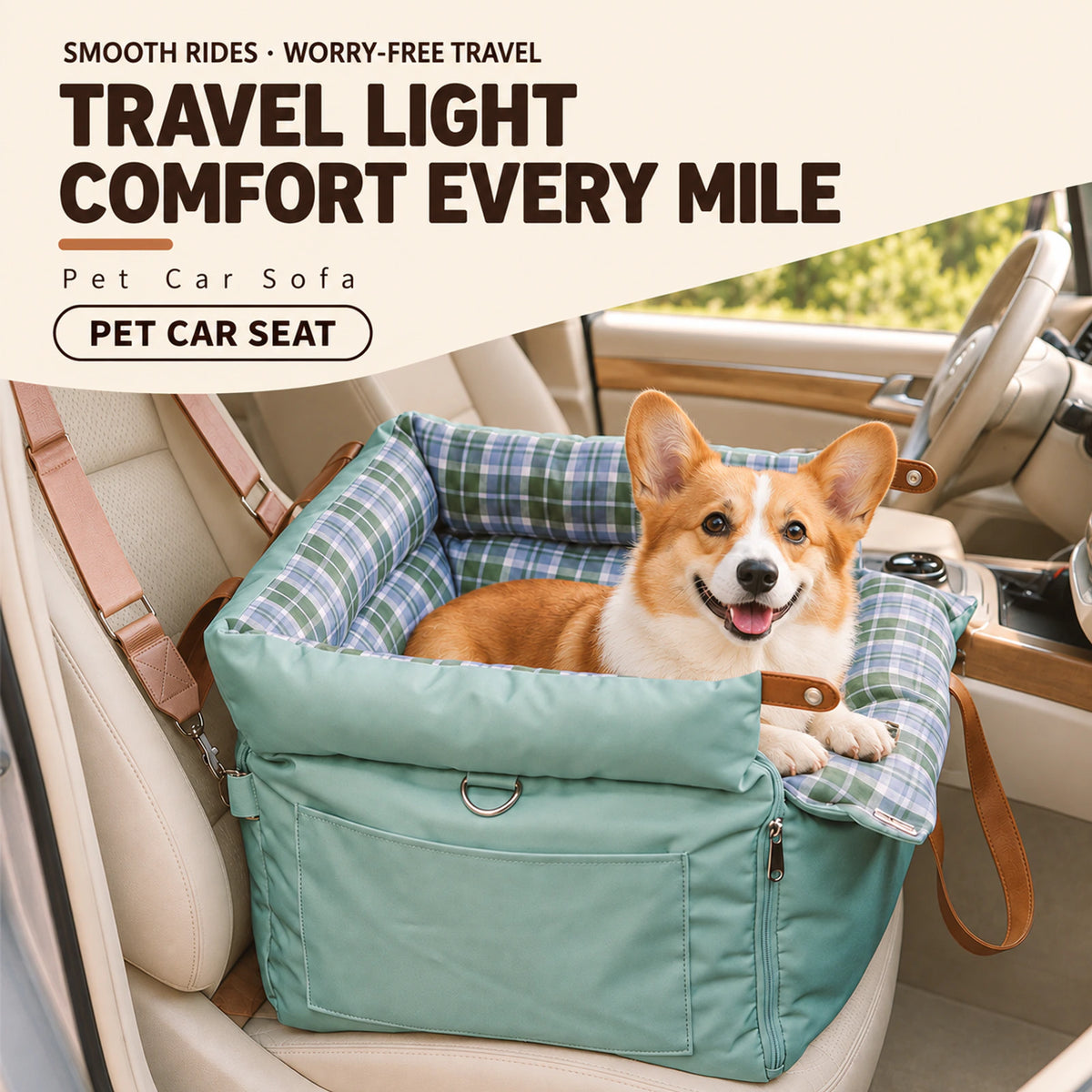 A corgi in a RoadNest Classic travel bed inside a car.