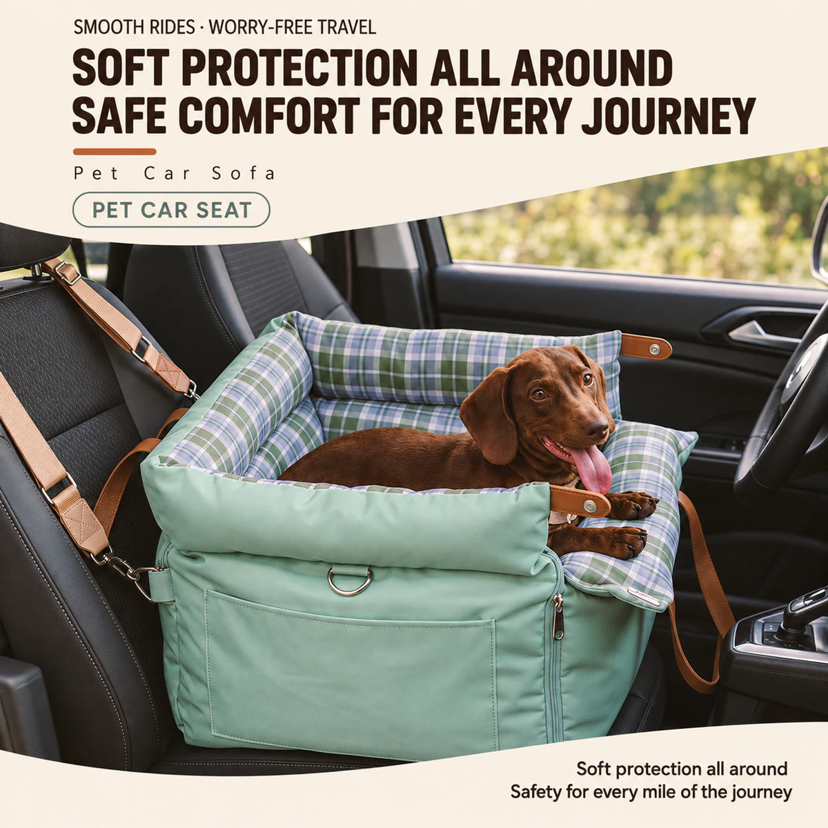 A dachshund in a RoadNest Classic travel bed inside a car.