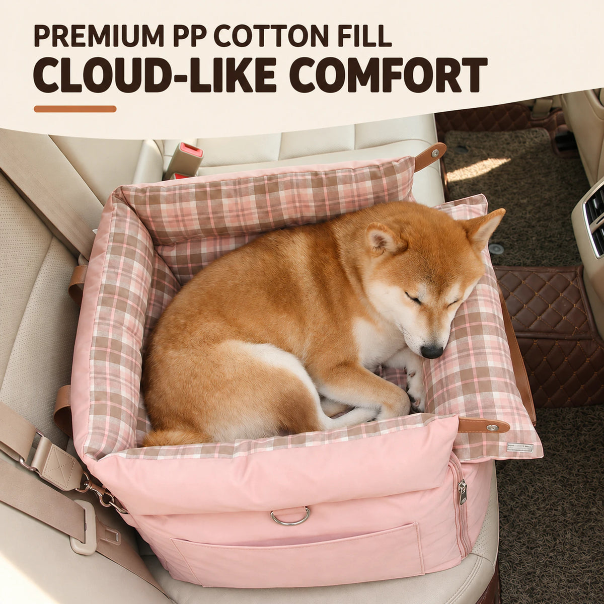 The cushion inside a pink plaid RoadNest Classic travel bed.