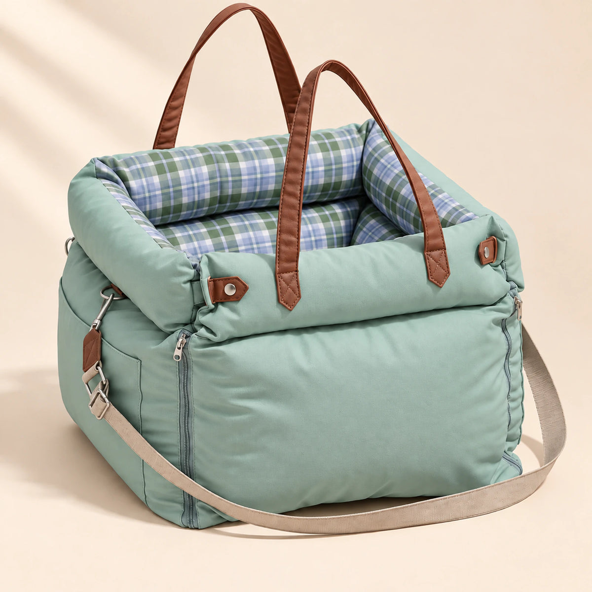 RoadNest Classic travel bed in mint plaid.