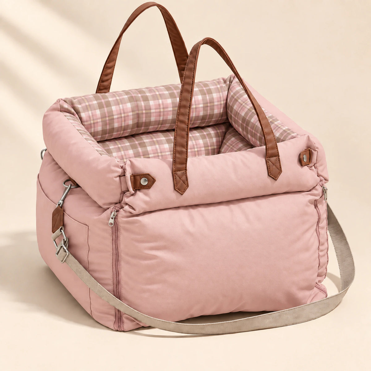 RoadNest Classic travel bed in pink plaid.