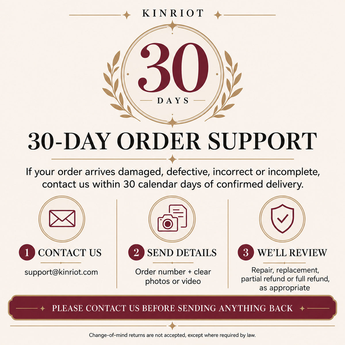 KINRIOT 30-day order support for damaged, defective, incorrect, or incomplete crystal pet jewelry orders.