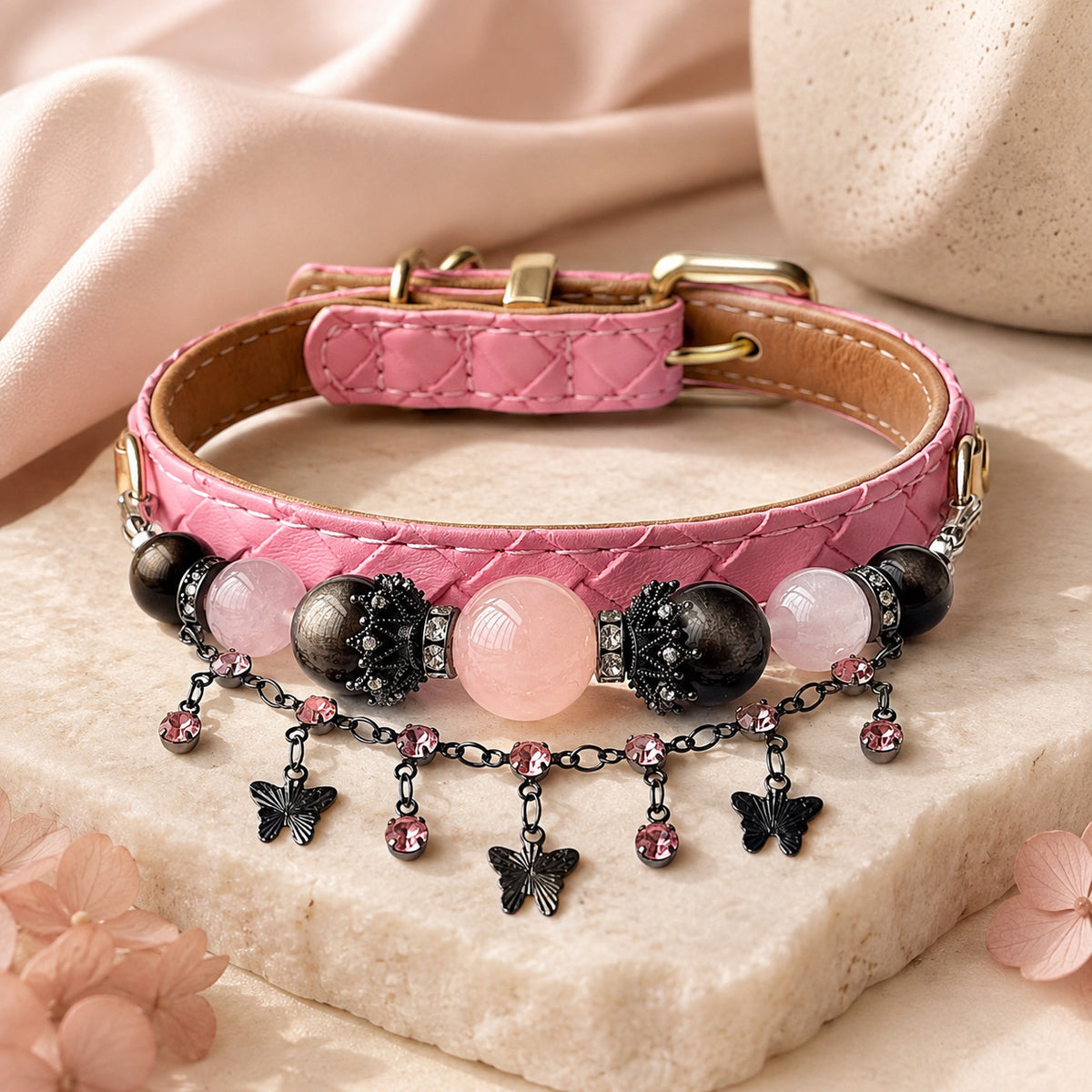 Midnight Butterfly Rose Quartz & Silver-Sheen Obsidian Pet Jewelry Collar for size-compatible cats and dogs.