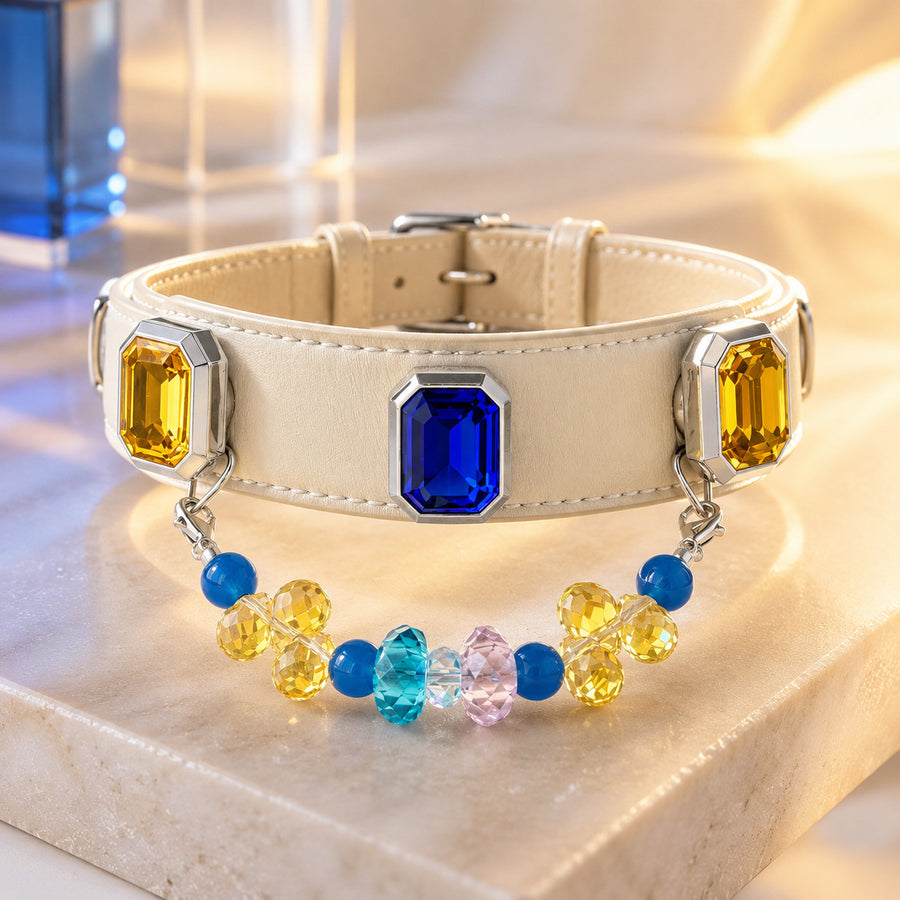 Riviera Prism Blue Agate & Sapphire Interchangeable Crystal Pet Jewelry Collar for size-compatible cats and dogs.