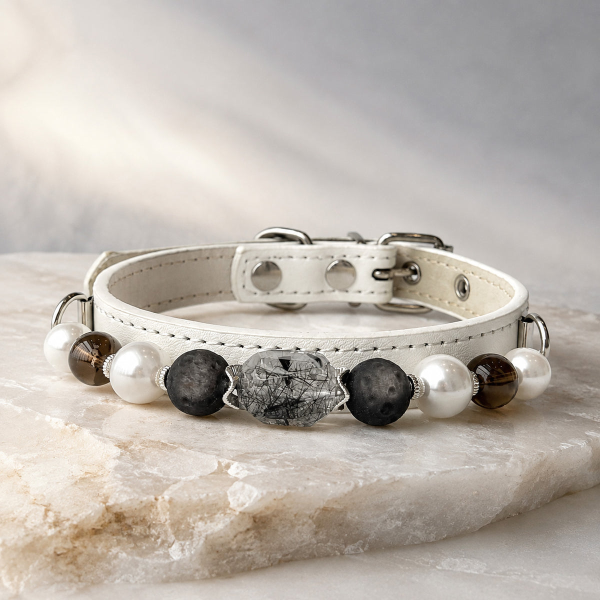 Lunar Veil Black Rutilated Quartz & Pearl Pet Jewelry Collar for size-compatible cats and dogs.