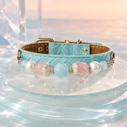 Aqua Reverie Aquamarine & Pearl Pet Jewelry Collar for size-compatible cats and dogs.