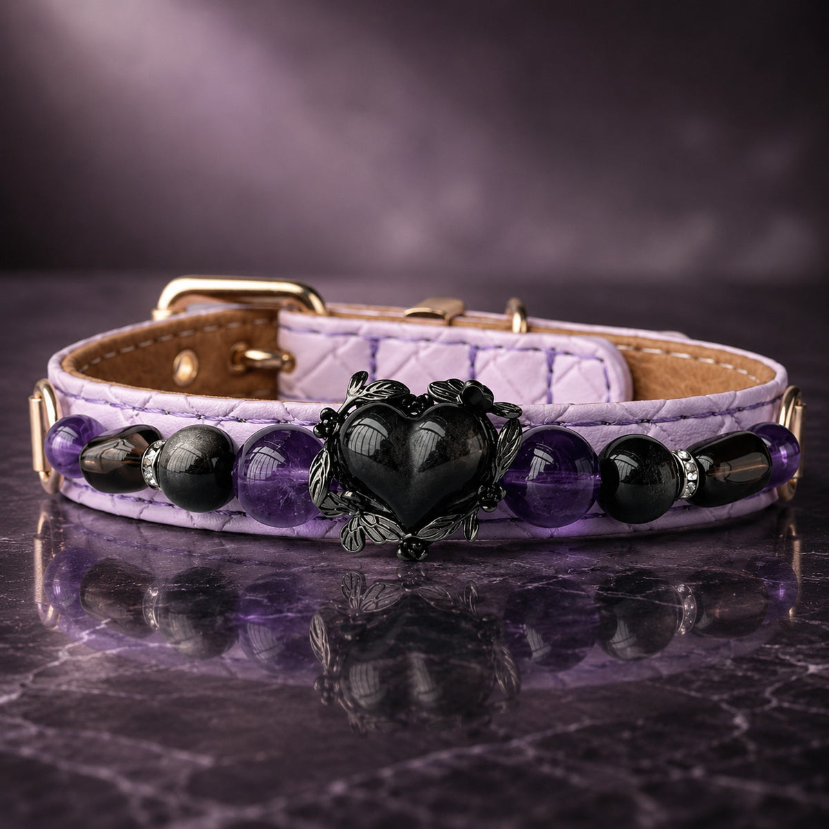 Midnight Violet Amethyst, Obsidian & Smoky Quartz Pet Jewelry Collar for size-compatible cats and dogs.