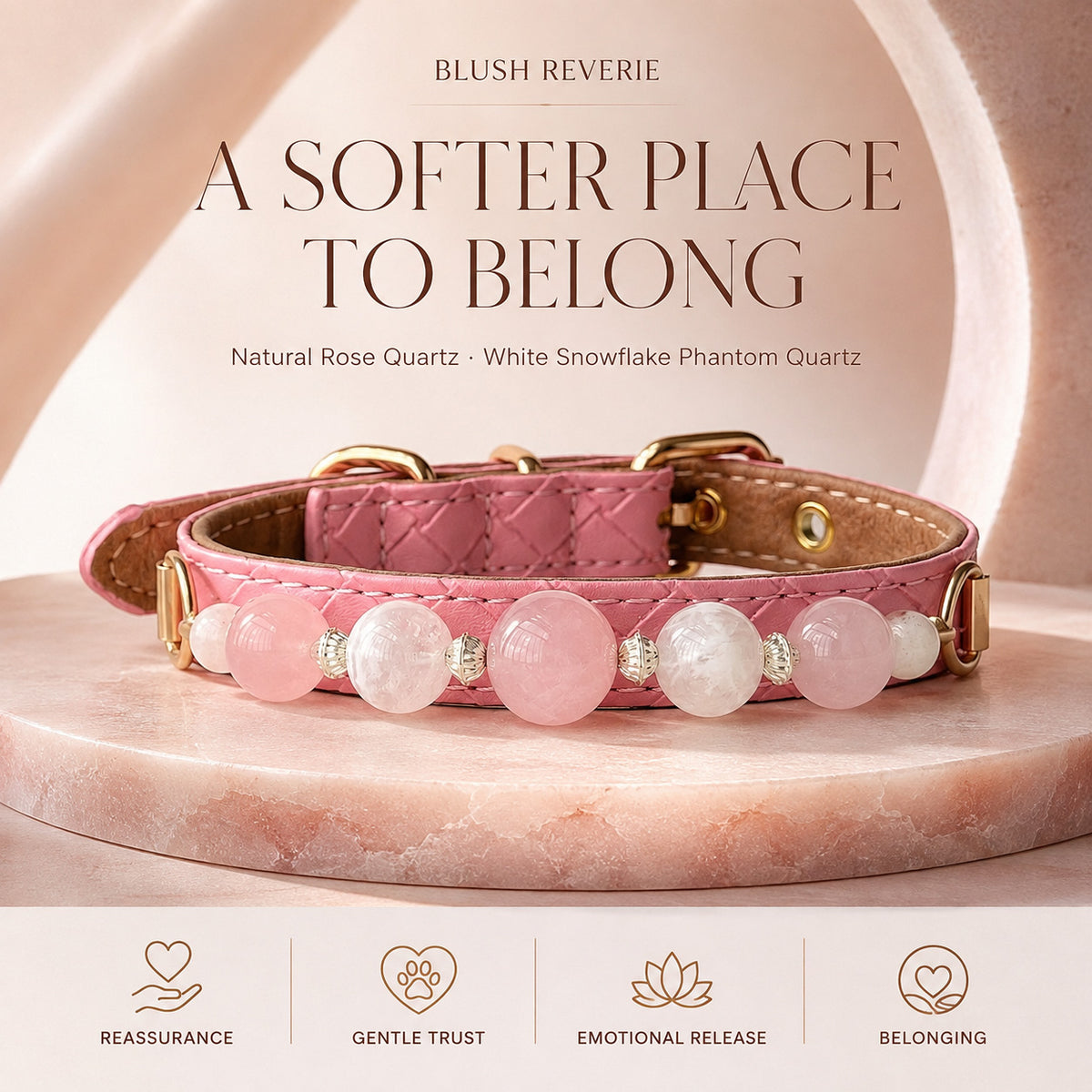 Blush Reverie Rose Quartz & Phantom Quartz Pet Jewelry Collar — KINRIOT crystal pet jewelry for size-compatible cats and dogs, gallery view 3.