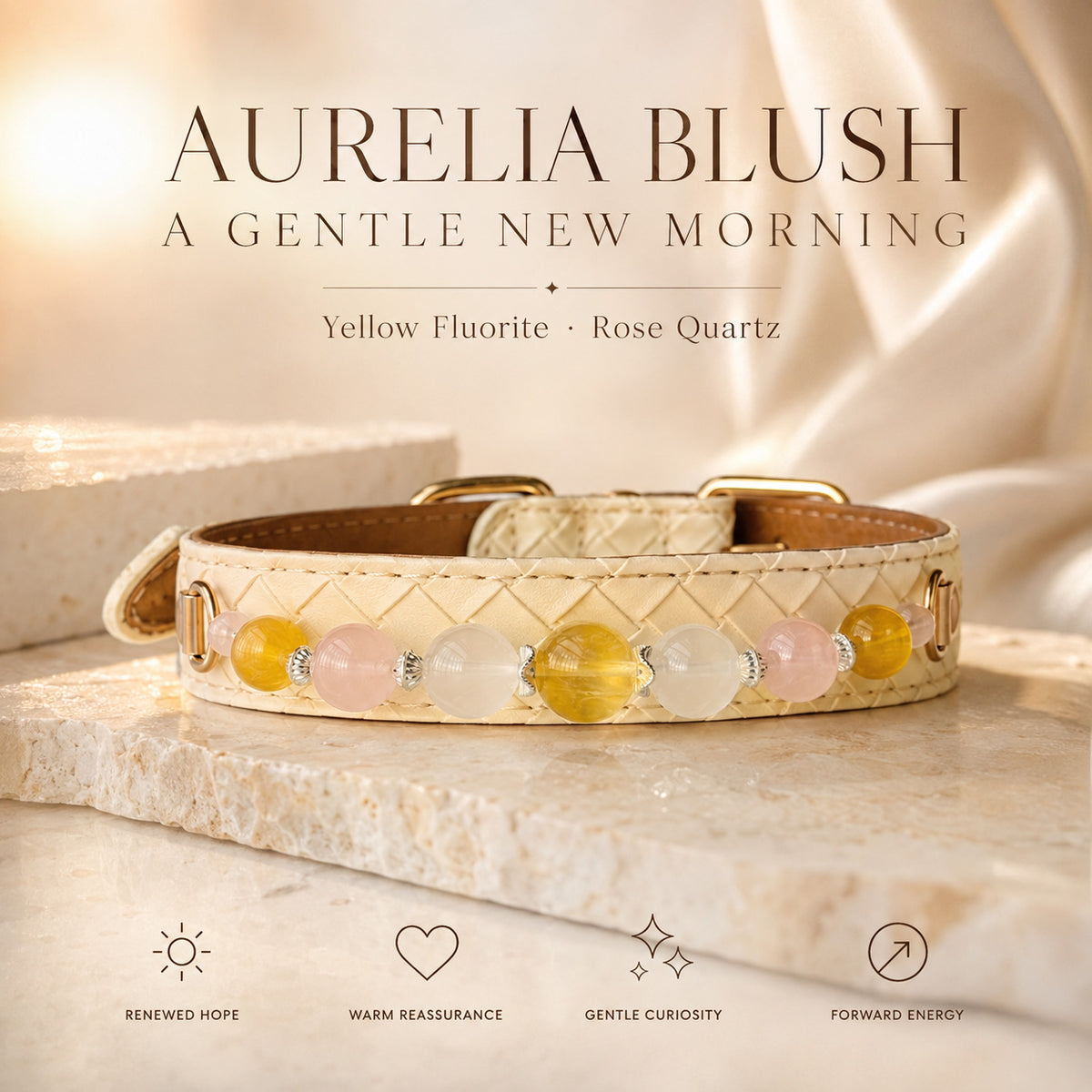 Aurelia Blush Yellow Fluorite & Rose Quartz Pet Jewelry Collar — KINRIOT crystal pet jewelry for size-compatible cats and dogs, gallery view 3.