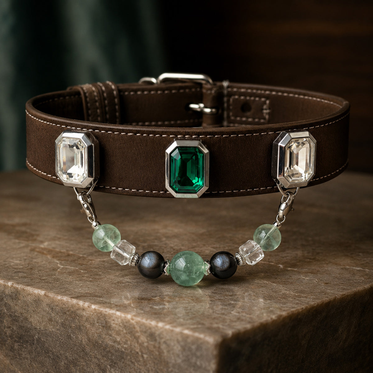 Verdant Grove Green Fluorite & Obsidian Interchangeable Crystal Pet Jewelry Collar for size-compatible cats and dogs.